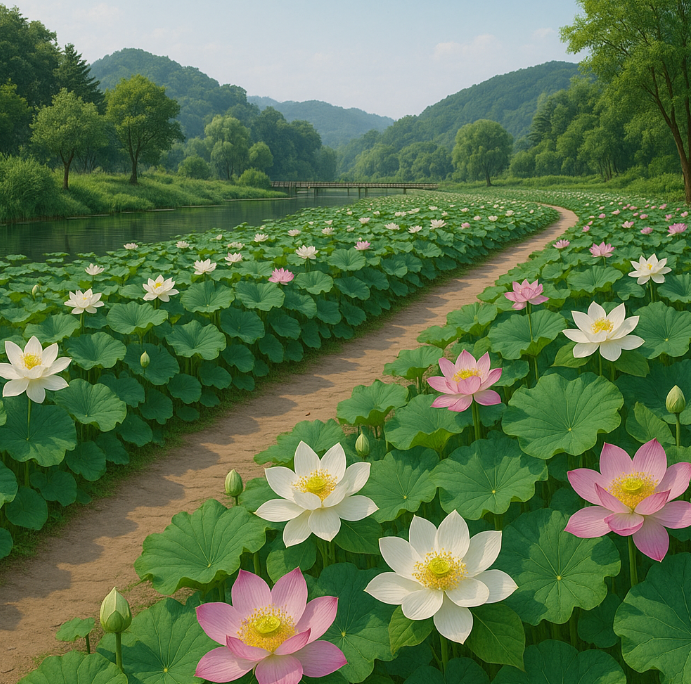 자라섬 남도 가평천변에 이어지는 연꽃길