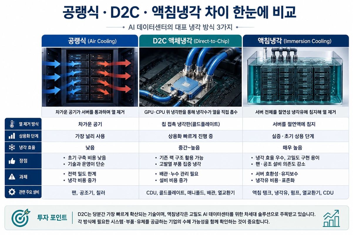 공랭식, D2C 액체냉각, 액침냉각의 차이와 열 제거 방식, 냉각 효율, 장단점, 주요 설비를 한눈에 비교한 AI 데이터센터 냉각 방식 비교 인포그래픽