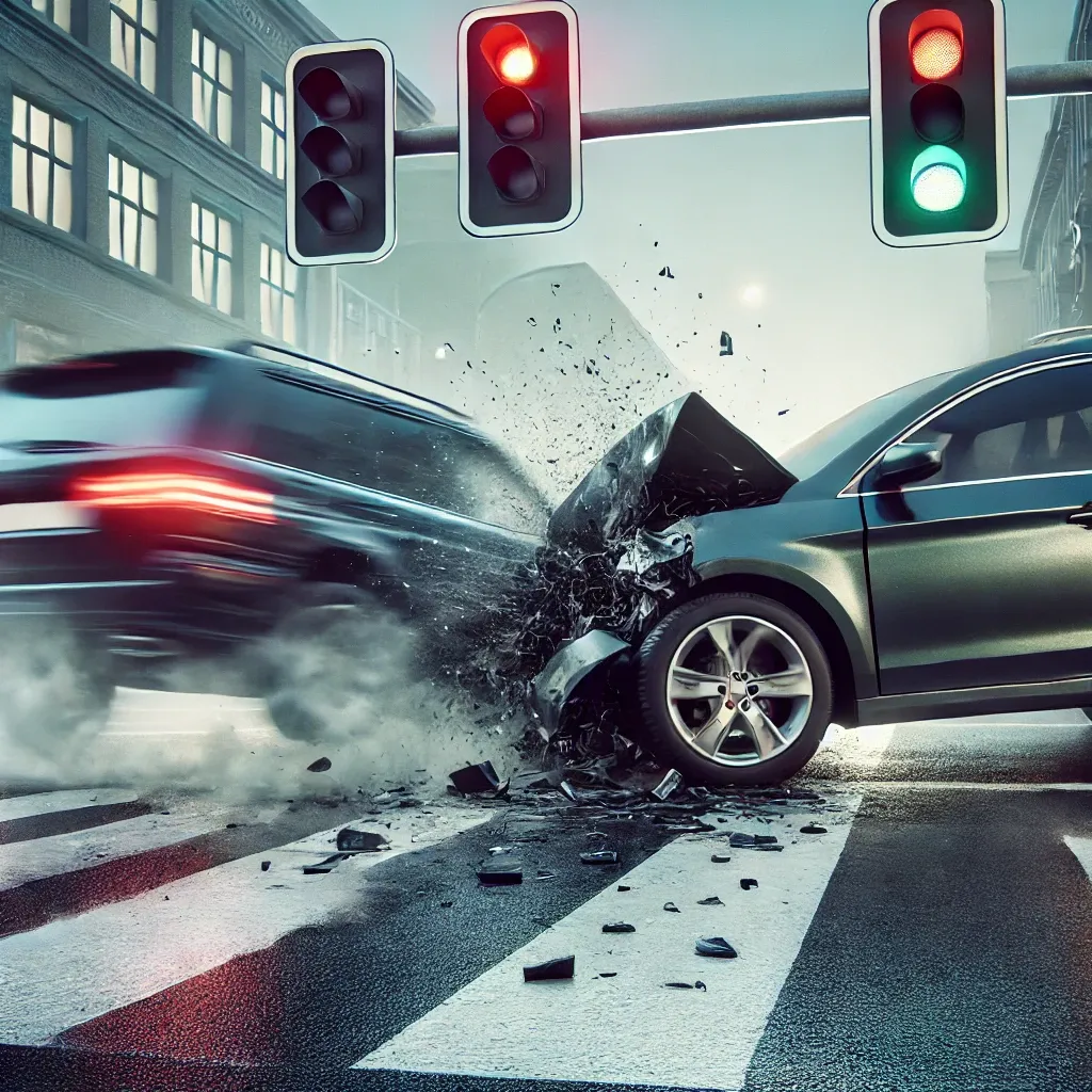 교차로에서 좌회전 차량과 직진 차량이 충돌한 모습