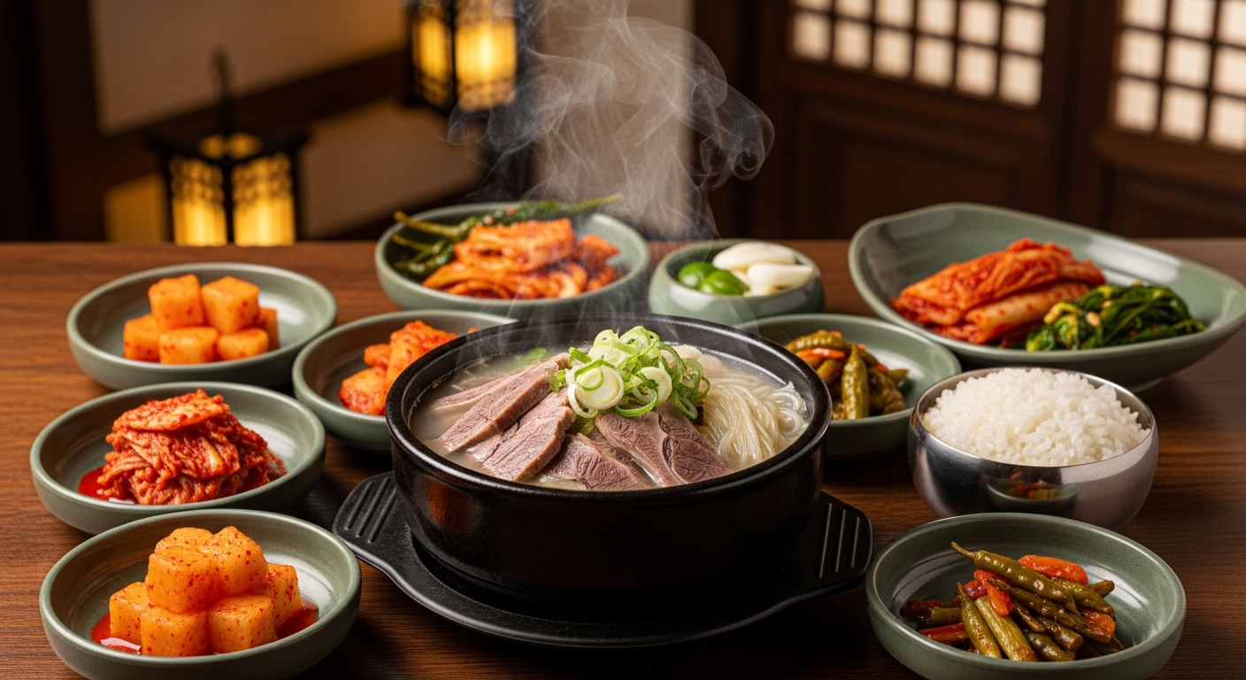 곤지암 맛집에서 맛볼 수 있는 따뜻한 소머리국밥과 정갈한 밑반찬이 차려진 푸짐한 한식 식탁. 든든한 식사를 제공하는 소머리국밥 전문점 풍경.