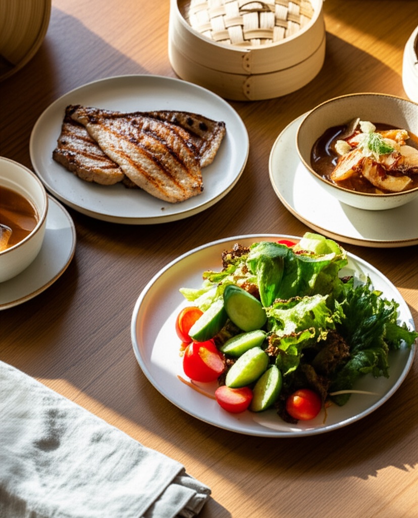alt="생선구이, 샐러드, 국이 포함된 균형 잡힌 한식 식단 ❘ Balanced Korean meal with grilled fish, salad, and soup"