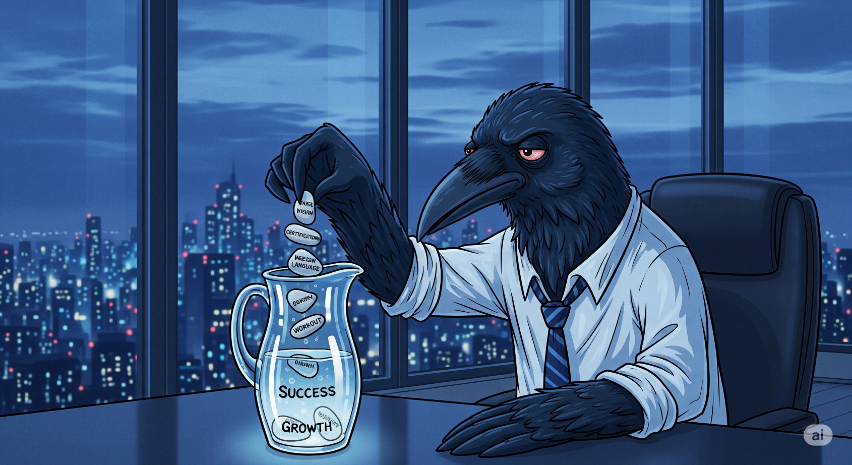 오늘도 물을 마시기 위해 돌들을 물병에 넣고 있는 까마귀