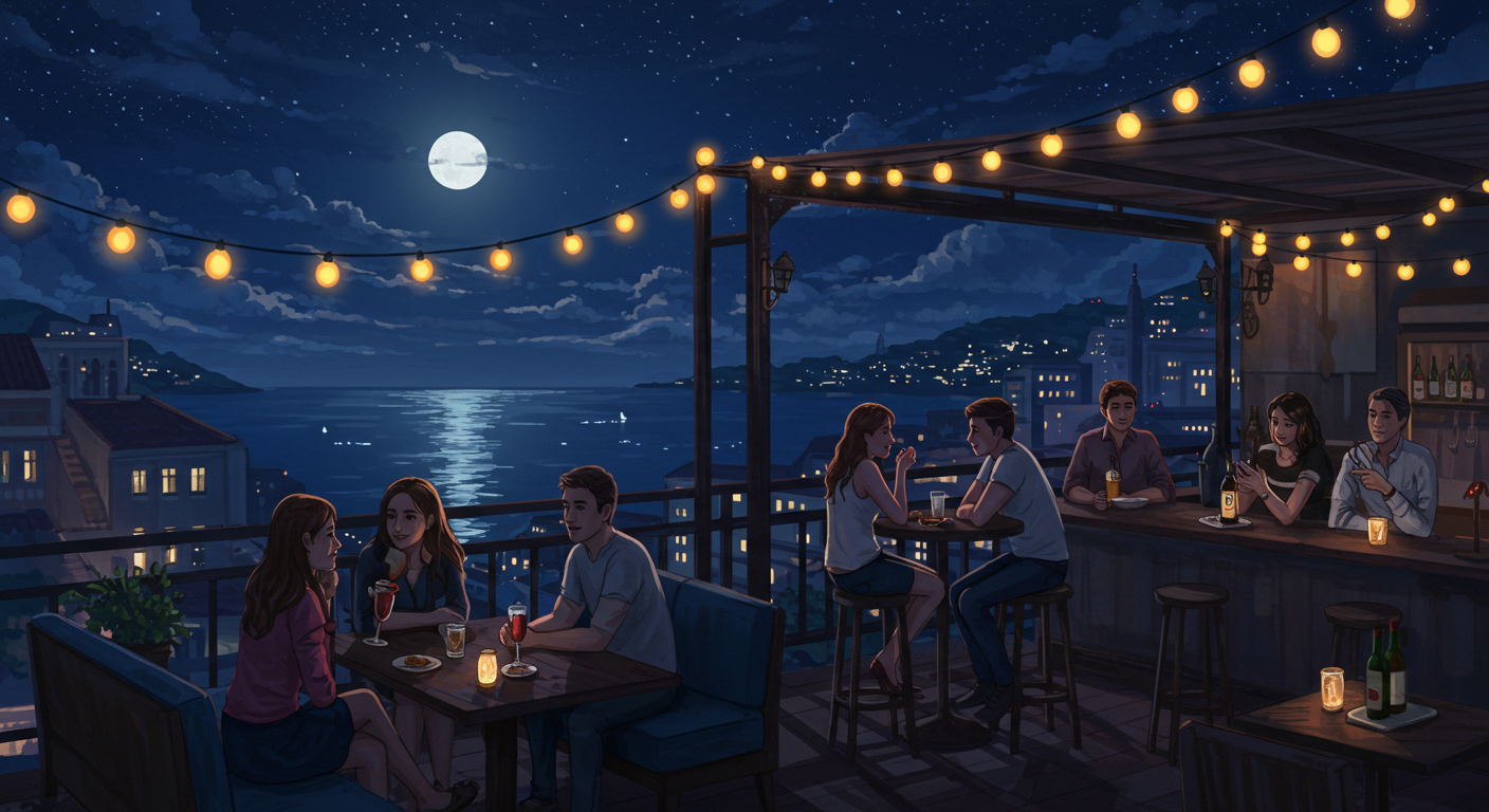 여름밤 바닷바람과 도시 조명 속 루프탑 바의 감성적인 모습