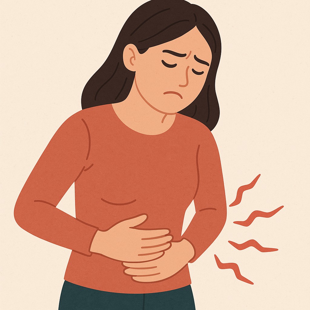 A woman having a stomach ache due to indigestion
