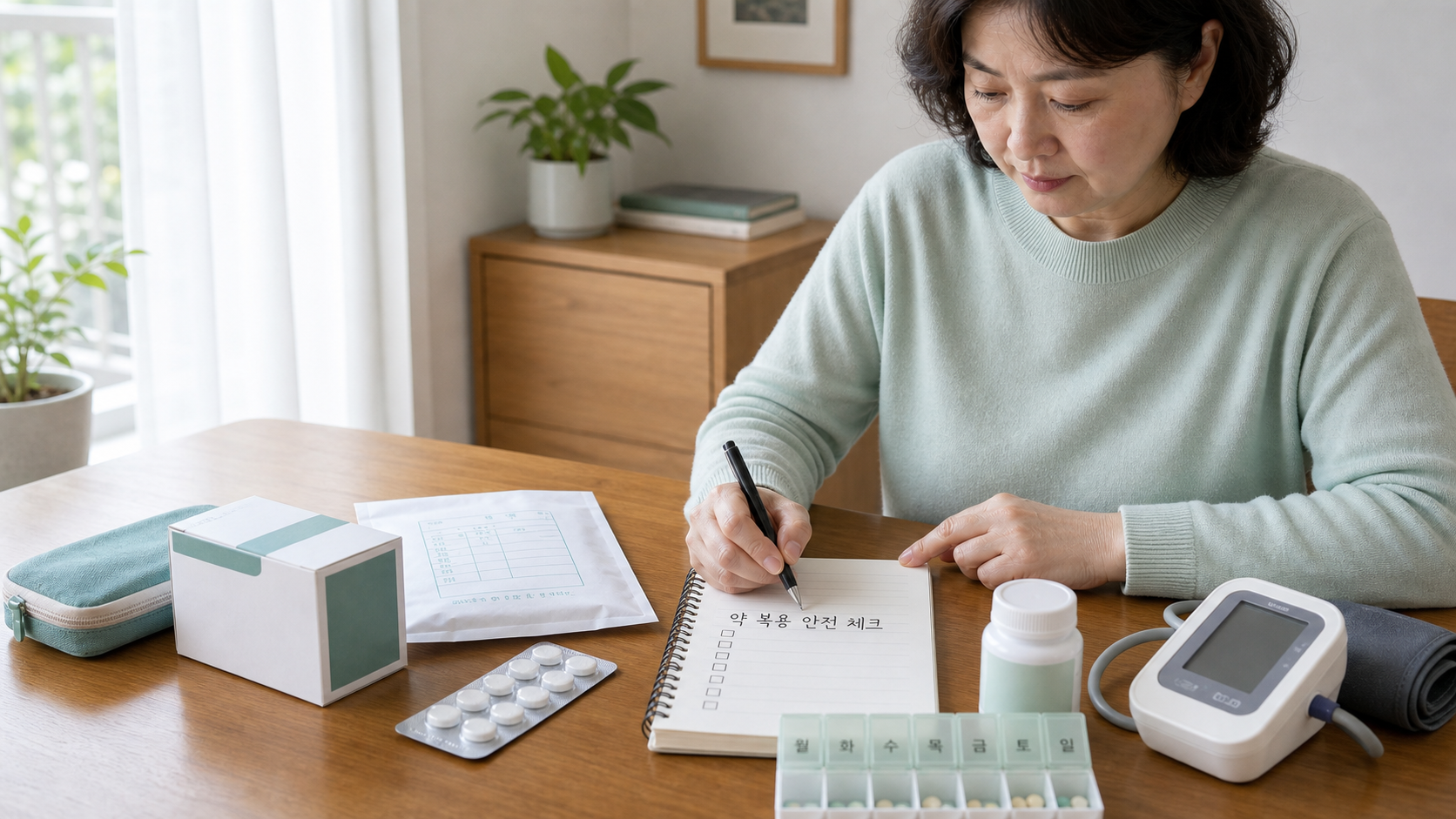 약 복용 안전 체크리스트를 보며 처방약 감기약 진통제 혈압약 영양제를 확인하는 장면