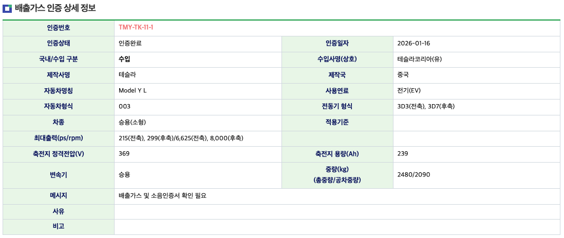 환경부 배출가스 인증 상세 정보 표