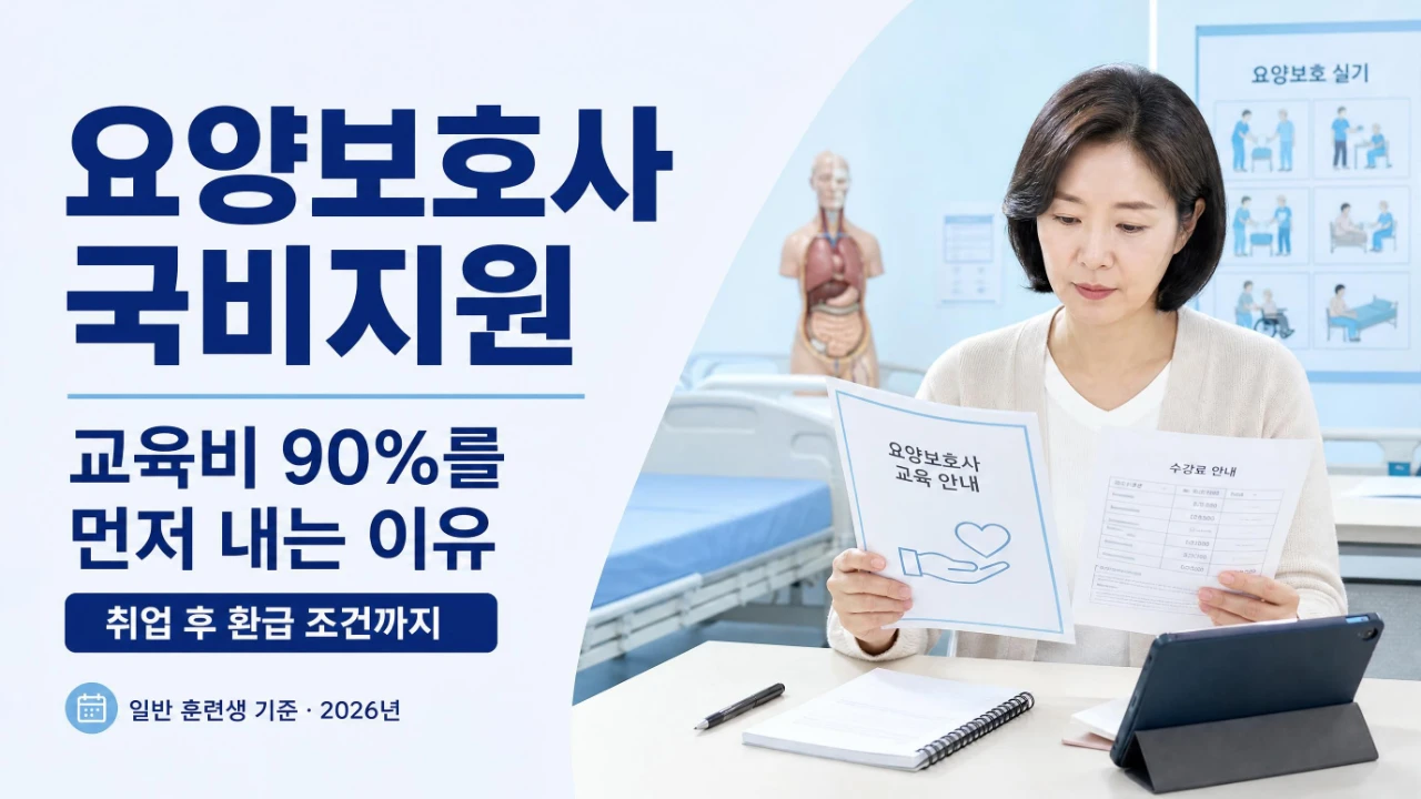 2026년 요양보호사 국비지원 교육비 90% 선부담과 취업 후 환급 조건을 안내하는 이미지