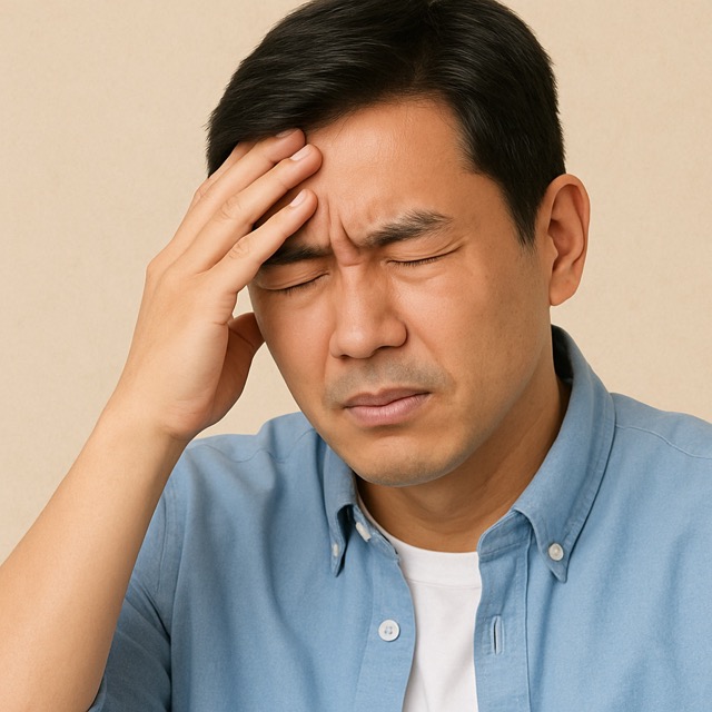 건강 불안에 지친 듯 고개를 숙이고 앉아있는 남성(출처: 자체제작)