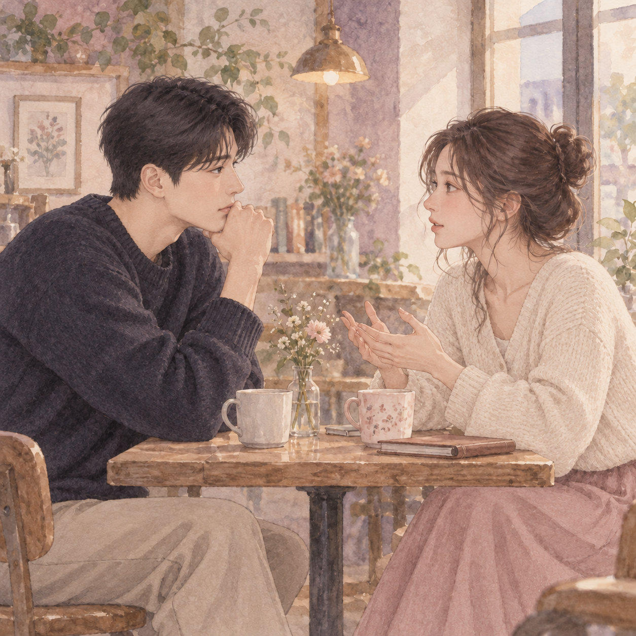 카페에서 관계의 방향을 솔직하게 이야기하는 민준과 서연의 일러스트