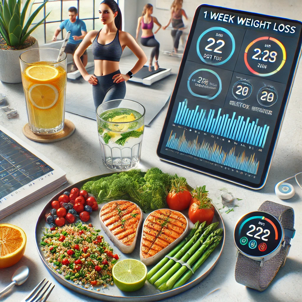 "1주일 만에 건강하게 3kg 감량하는 다이어트 플랜: 건강한 식단(닭가슴살, 퀴노아, 채소), 스마트 피트니스 미러에서 운동하는 사람, 레몬 디톡스 워터, AI 기반 수면 모니터링 기기 등이 포함된 이미지."