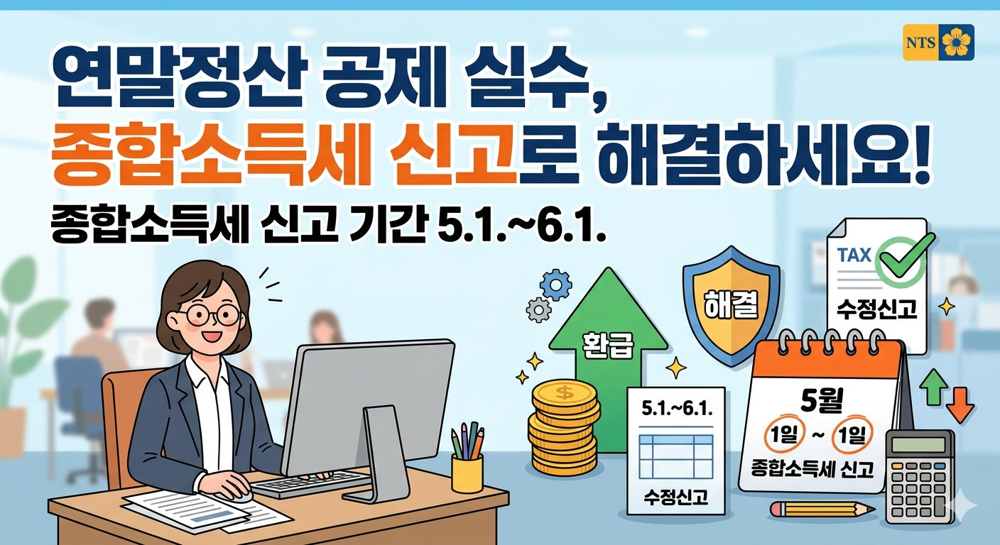 "국세청 보도자료 기반 연말정산 공제 실수 및 누락 항목을 5월 종합소득세 신고 기간에 수정하고 환급받는 방법을 설명하는 인포그래픽 이미지"