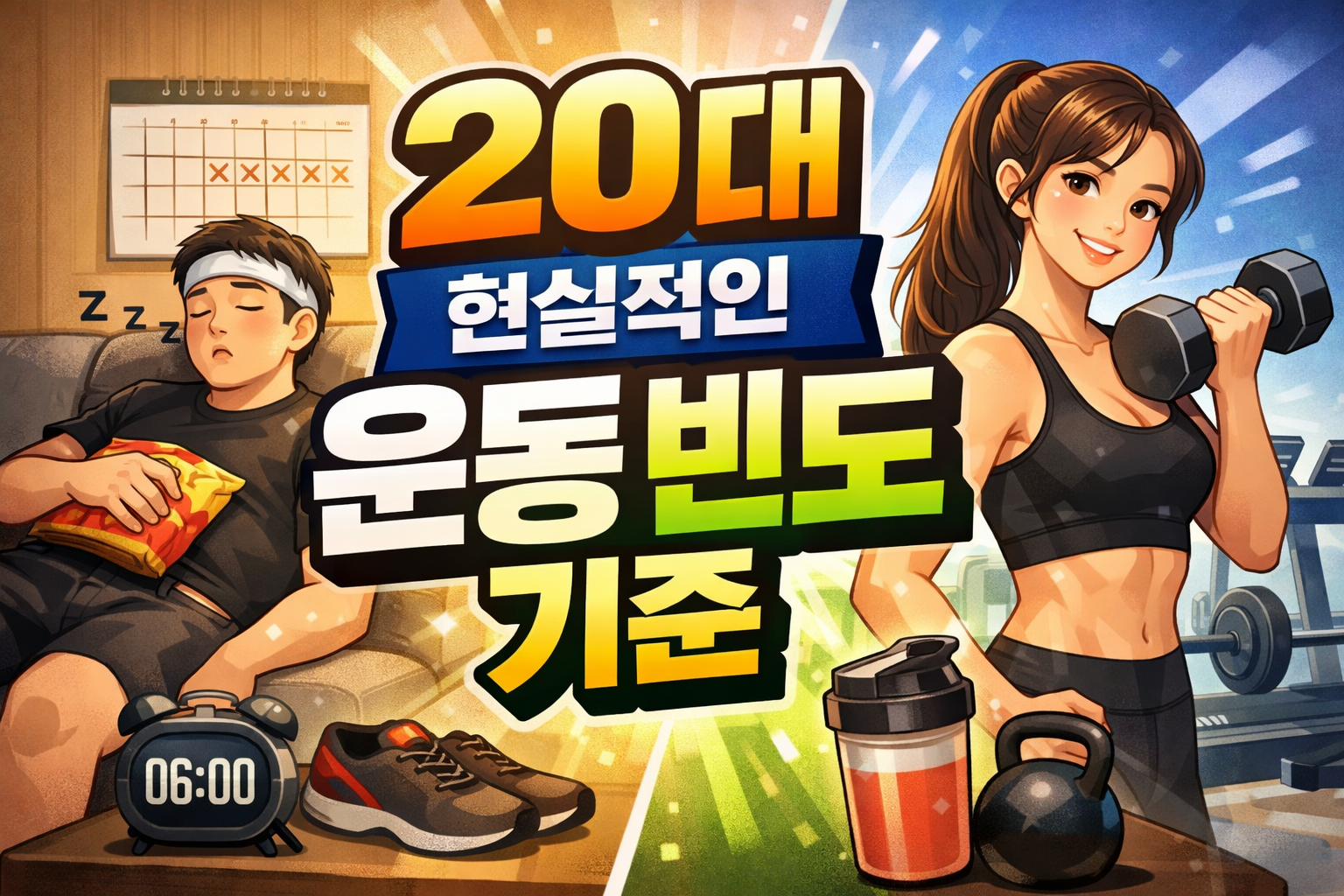 20대 헬스 운동 빈도 비교 이미지로, 운동을 미루고 소파에 누운 모습과 헬스장에서 덤벨로 전신 운동을 하는 모습을 대비한 장면