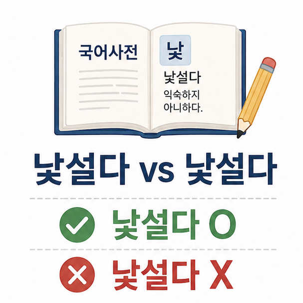 국어사전과 연필을 배치해 낮설다와 낯설다의 맞춤법을 비교한 이미지