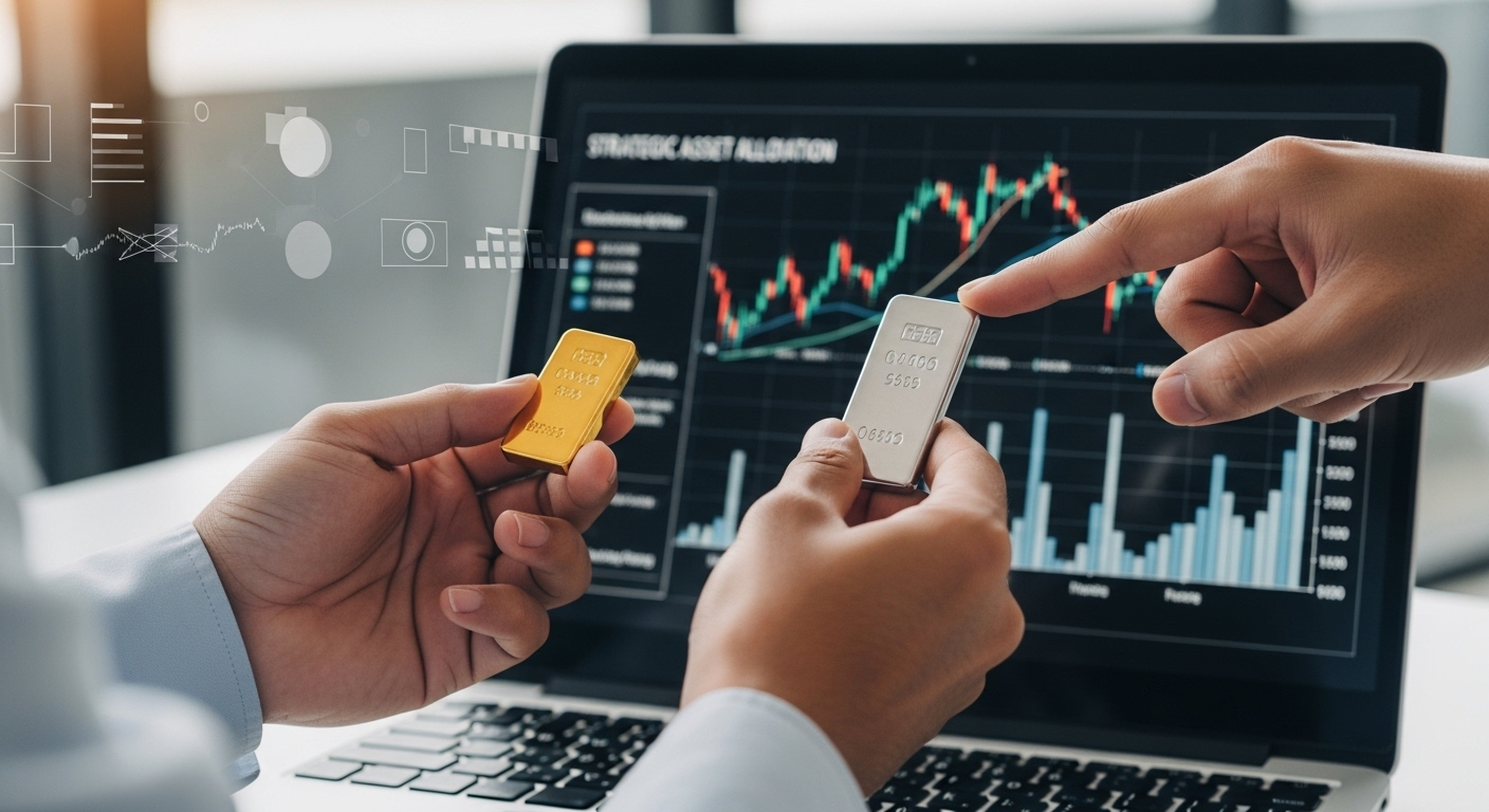 금과 은을 들고 포트폴리오를 점검하는 투자자의 모습
