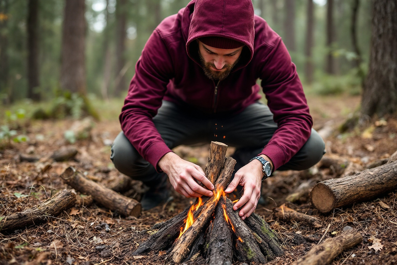 생존을 위해 불을 붙이고 있는 사람