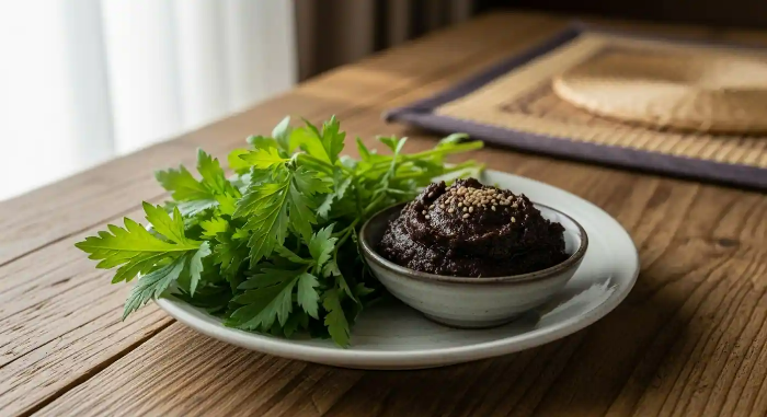 들깨된장과 쑥갓이 들어 있는 접시가 식탁 위에 놓여 있음