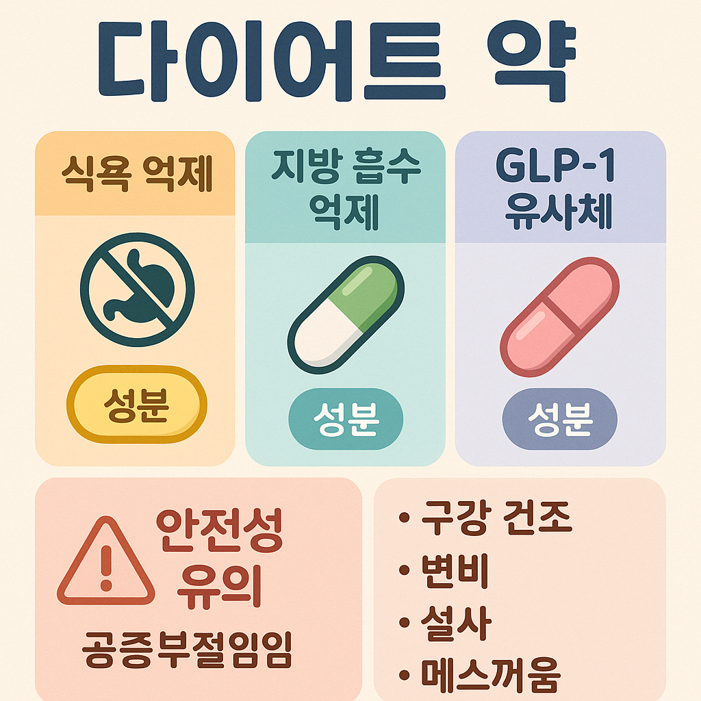 성분별로 정리된 다이어트약 종류와 효과를 보여주는 인포그래픽