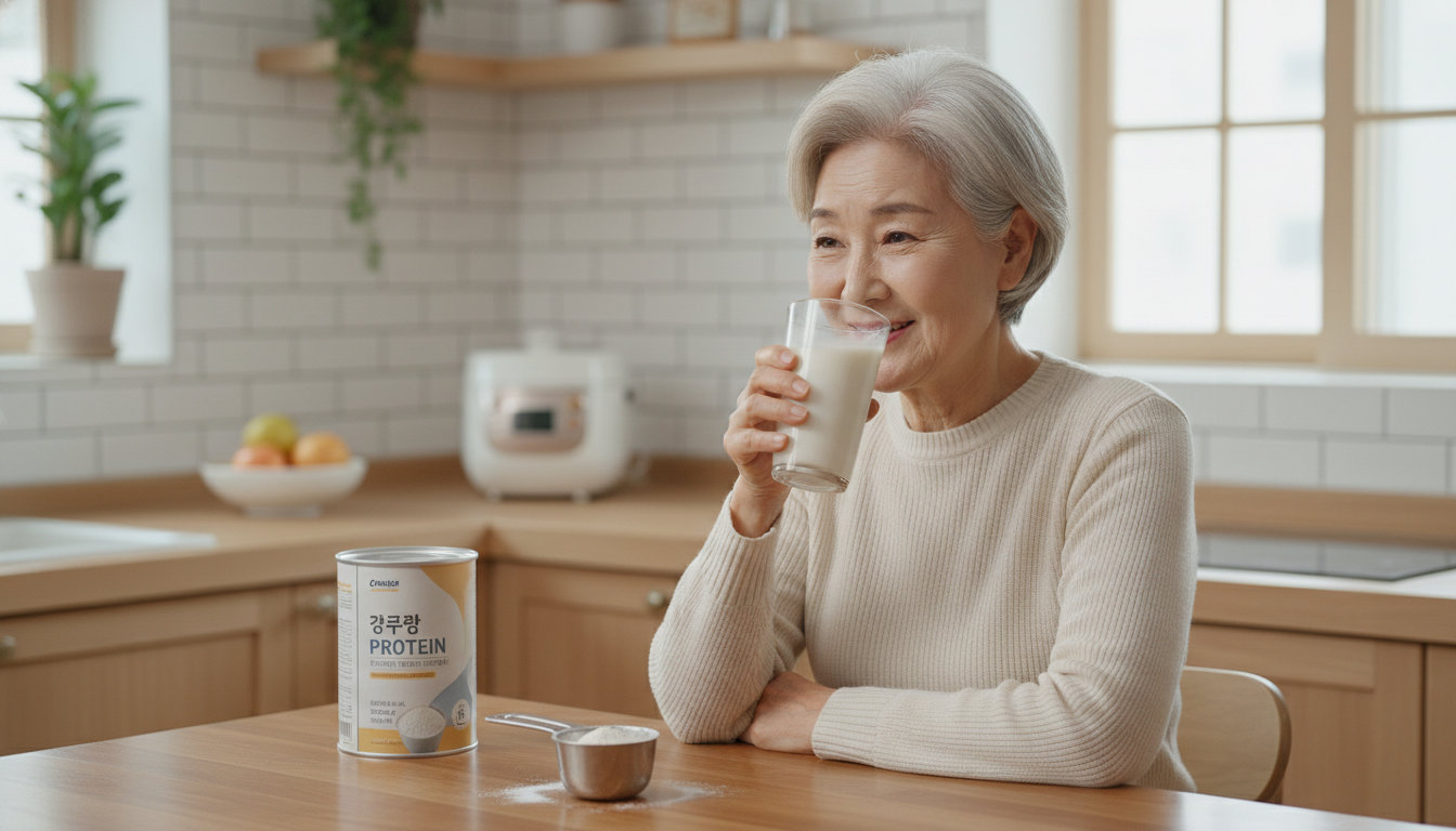 60대 이상 여성이 단백질 보충제를 섞은 우유를 마시는 모습