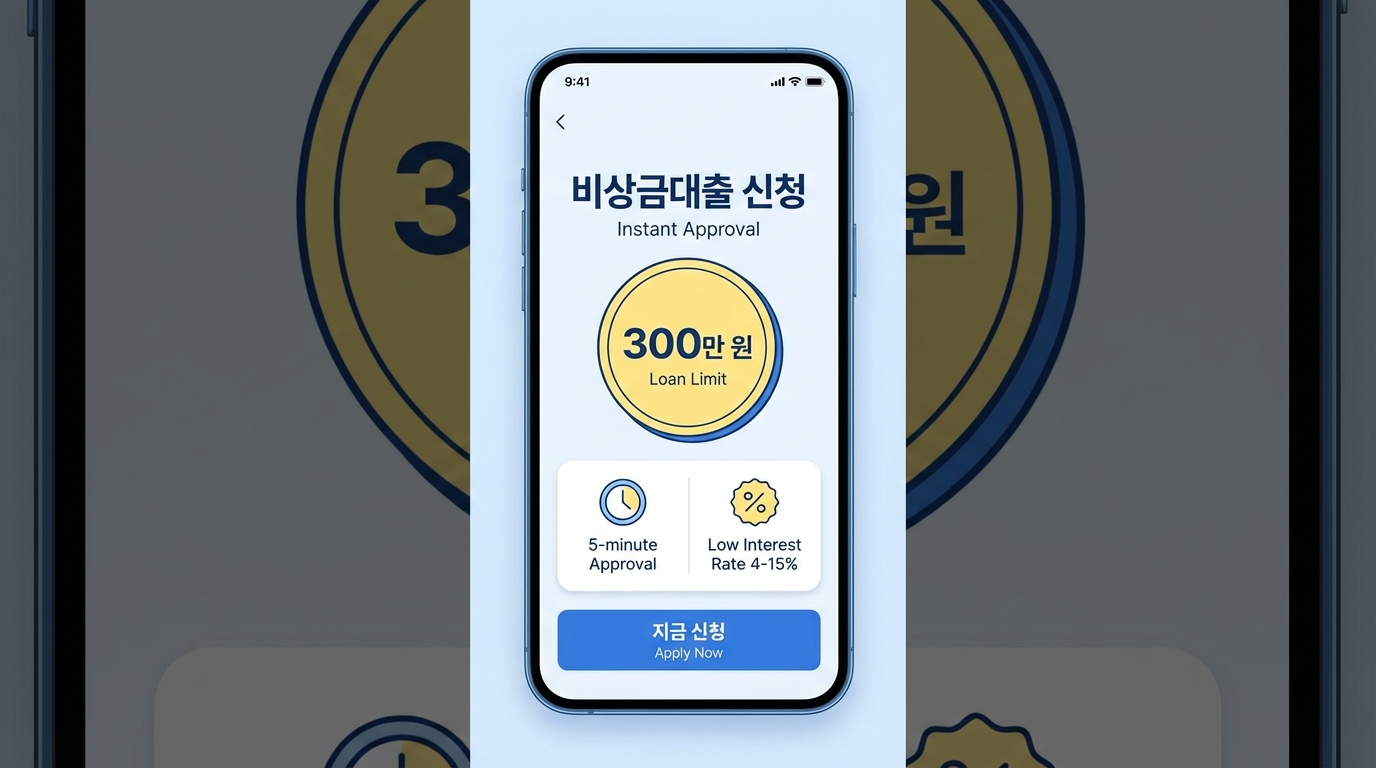 카카오뱅크 비상금대출 모바일 앱 화면, 즉시 승인 아이콘과 300만원 한도 배지, 연 4-15% 저금리 텍스트가 표시된 현대적인 핀테크 인터페이스 디자인