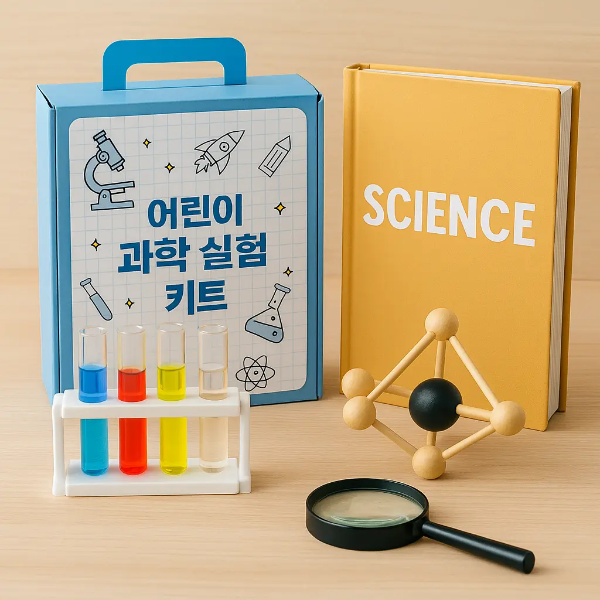 어린이 과학 실험 키트, 컬러 시험관, 노란색 SCIENCE 도서, 분자 모형과 돋보기가 정갈하게 배열된 밝은 톤의 교육 도구 이미지, 텍스트 없음