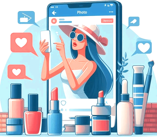 핸드폰 영상으로 긴머리에 하얀 챙이 달린 모자를 쓴 뷰티 인플루어서가 선글라스를 쓴 채 화면에 나온다. 주변에는 화장품 그림들이 가득 그려졌다.