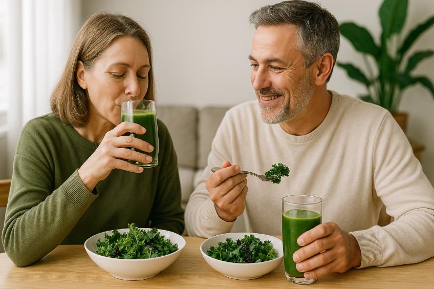 거실에서 케일 쥬스와 케일 샐러드를 먹는 부부