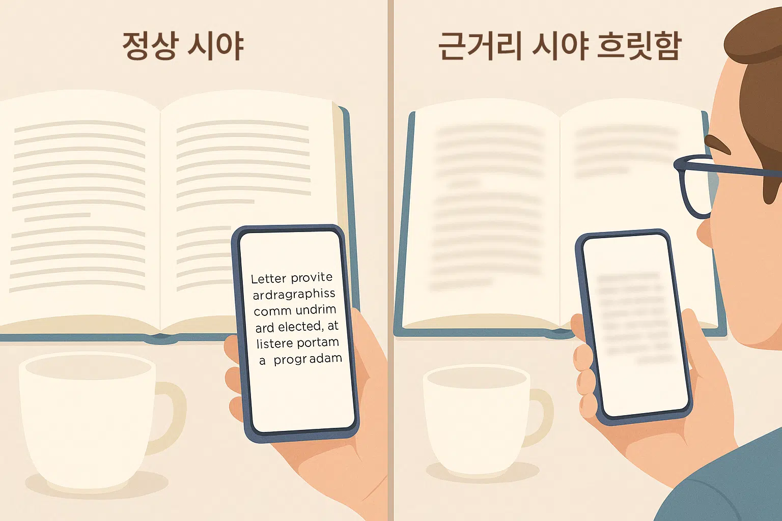 책이나 스마트폰 화면의 글자가 흐릿하게 보이는 장면, 안경을 썼는데도 근거리 글자가 선명하지 않은 모습, 초점 거리가 갑자기 변한 듯한 시야 흐림 효과