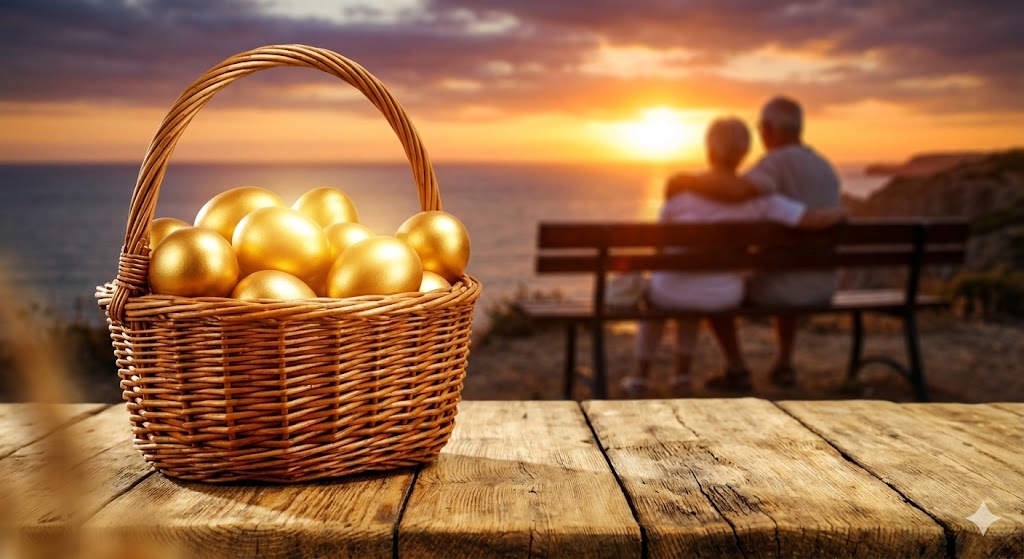 황금색 알이 가득 담긴 바구니를 보며 안도하는 은퇴자의 뒷모습