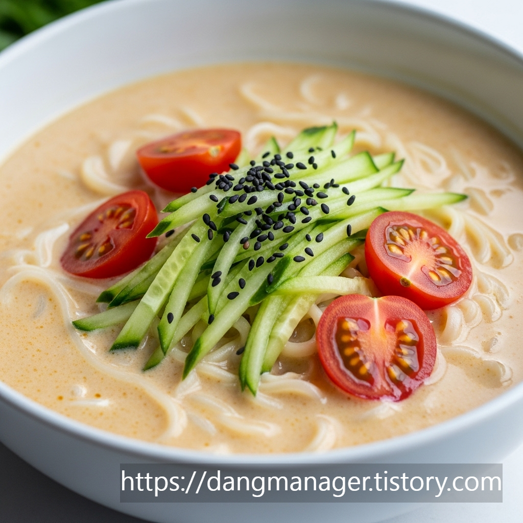 위 레시피대로 완성된, 오이와 방울토마토 고명이 올라간 먹음직스러운 두부면 콩국수 한 그릇