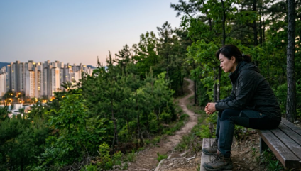 뒷산에 앉아 도시를 보며 생각에 잠긴 엄마의 모습