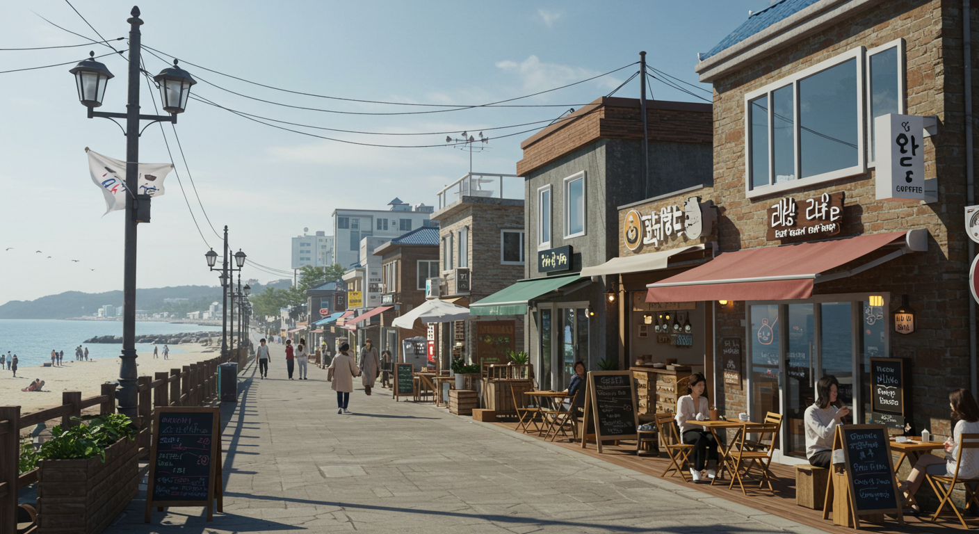 강릉 안목해변 카페거리의 활기찬 풍경과 바다 전경