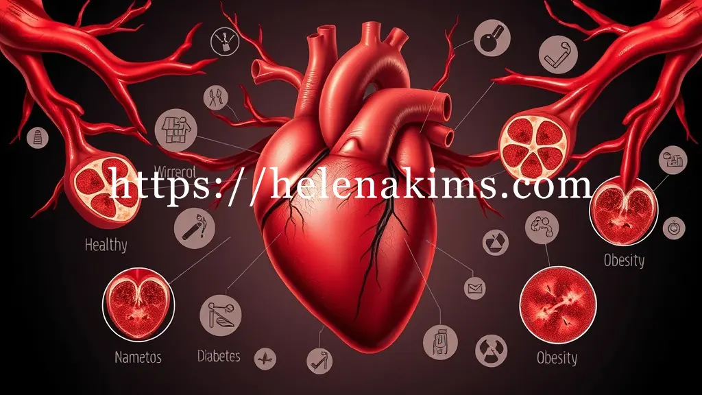 인체 심장을 중심으로 관상동맥의 건강한 모습과 좁아지거나 막혀있는 혈관의 단면을 대비하여 보여주며, 막힌 혈관은 콜레스테롤 플라크와 혈전으로 혈류가 저해되는 과정을 시각화하며, 주변에는 고혈압, 당뇨, 흡연, 비만을 상징하는 아이콘들이 허혈성 심장질환의 복합적인 원인을 강조한 이미지.