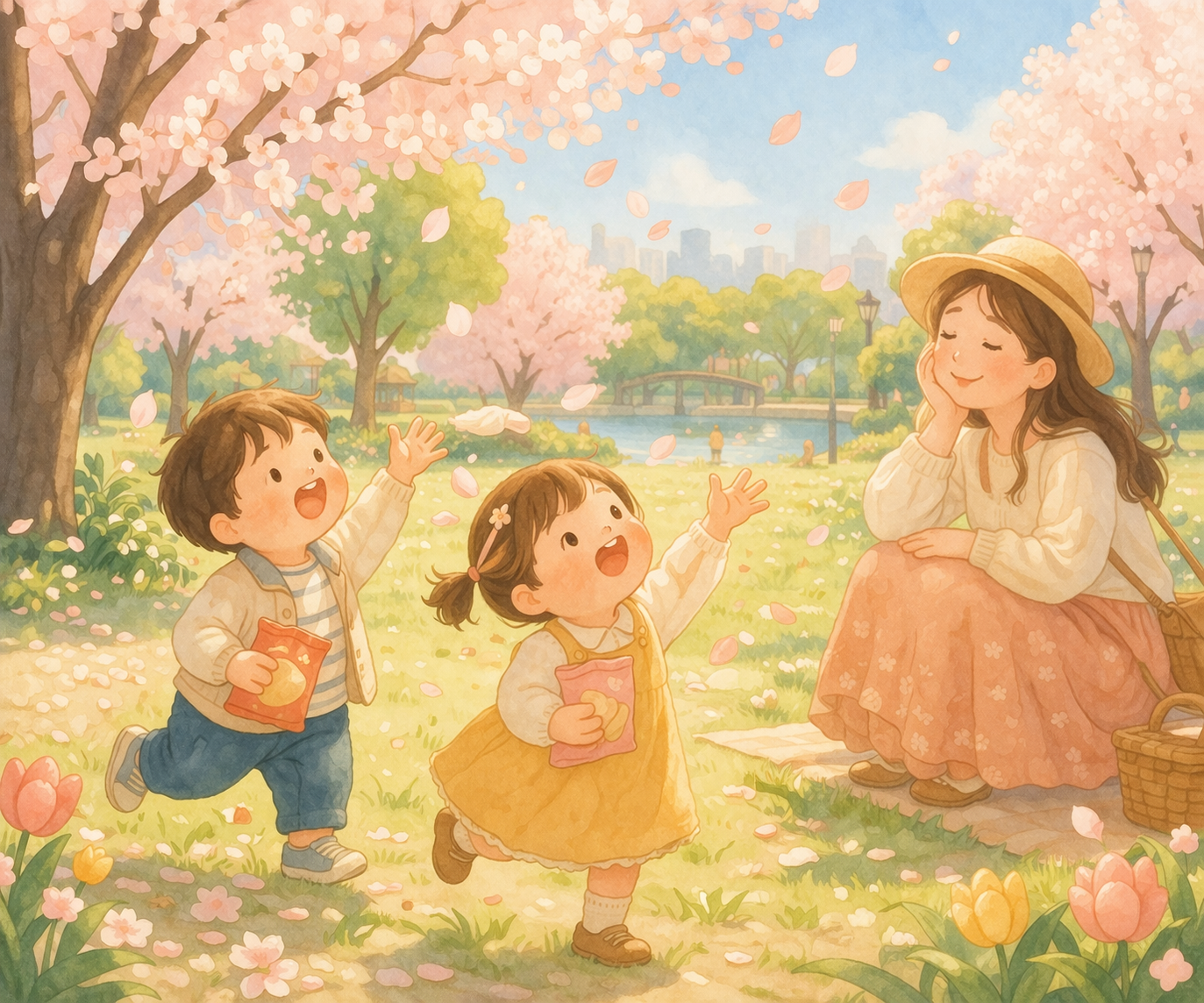 Two young children joyfully chasing cherry blossom petals in a park while their mother watches warmly, capturing a lively spring family outing.