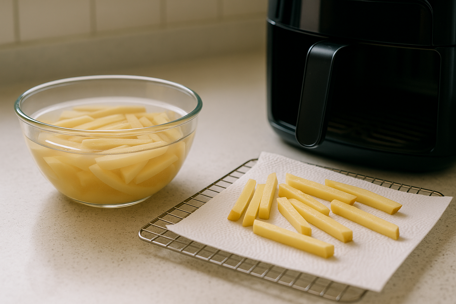 감자채 담그고 물기 제거하는 과정