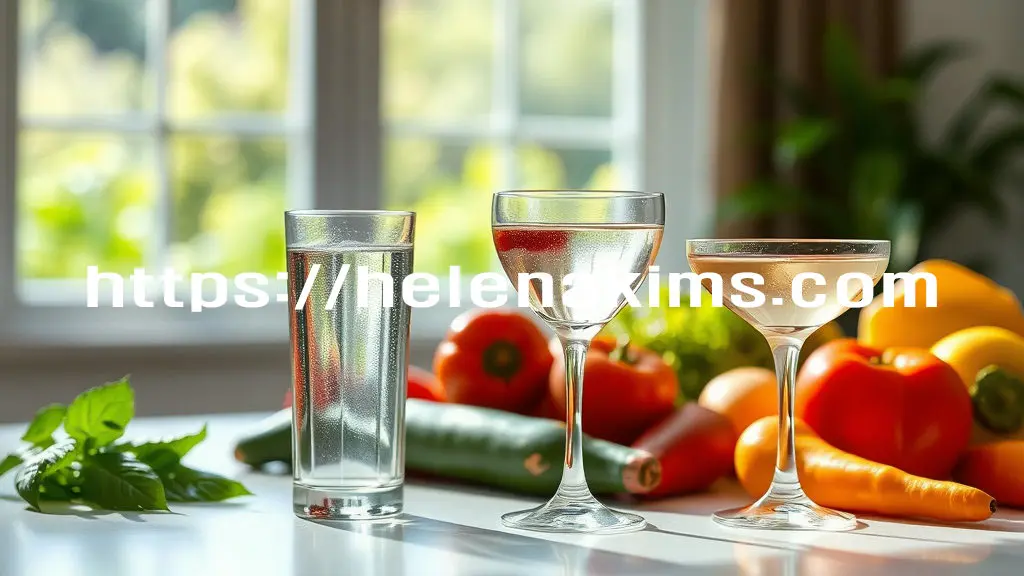 유리컵에 물 한 잔과 신선한 과일과 채소들 그리고 작은 칵테일 잔이 두 개가 놓인 모습.