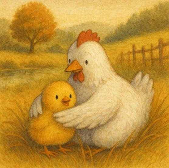 어미 닭이 병아리를 따뜻하게 품고 있는 장면