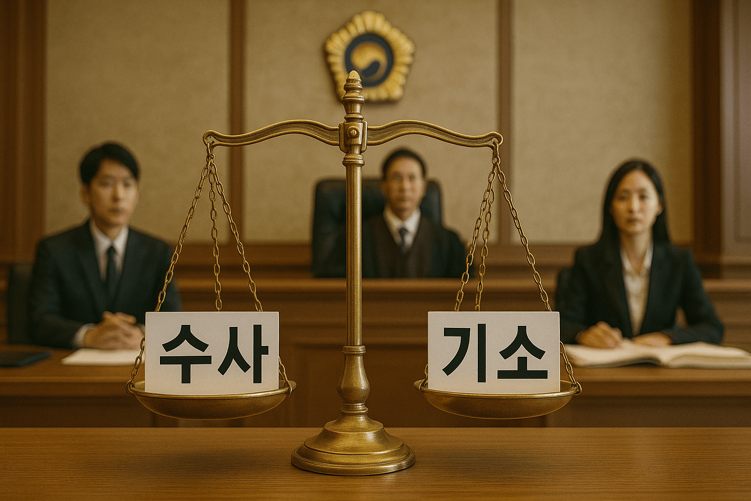 대한민국 법정 안에서 &lsquo;수사&rsquo;와 &lsquo;기소&rsquo;라고 적힌 저울이 균형을 이루는 장면 3
