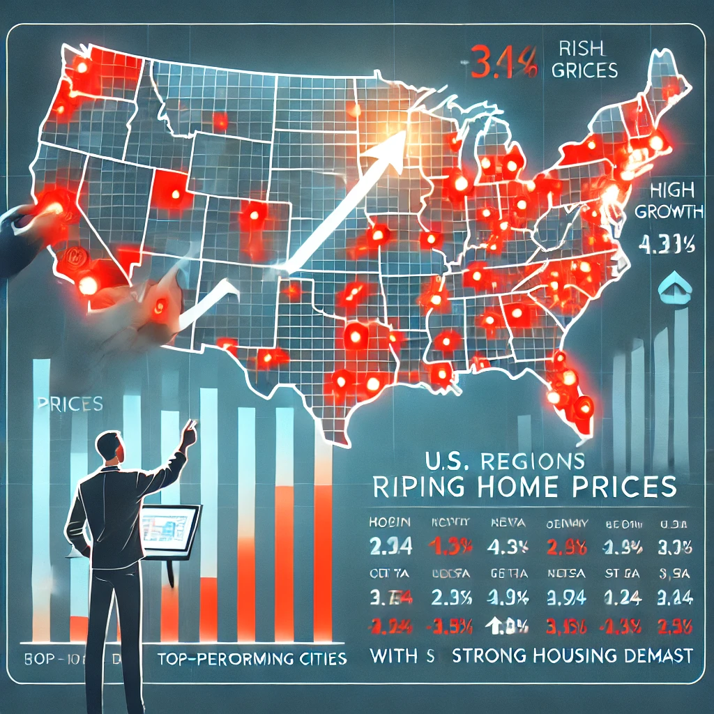 주택 가격 상승 지역: 강한 수요를 보이는 도시와 급등하는 지역을 강조한 지도.