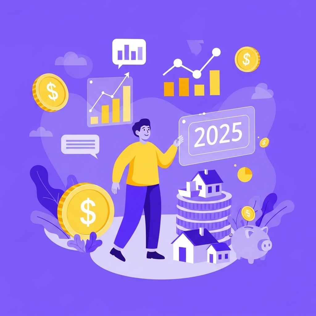 2025년 재테크 초보자를 위한 금융 상품 완전 정복 가이드를 나타내는 밝고 희망찬 그림. 다양한 금융 상품 아이콘들이 퍼플과 옐로우 색상으로 가득한 길을 안내하는 모습을 담고 있습니다.