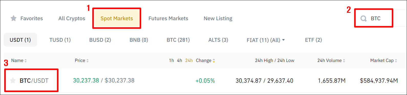 1. Spot Markets
2. BTC 검색
3. BTC/USDT 마켓 진입