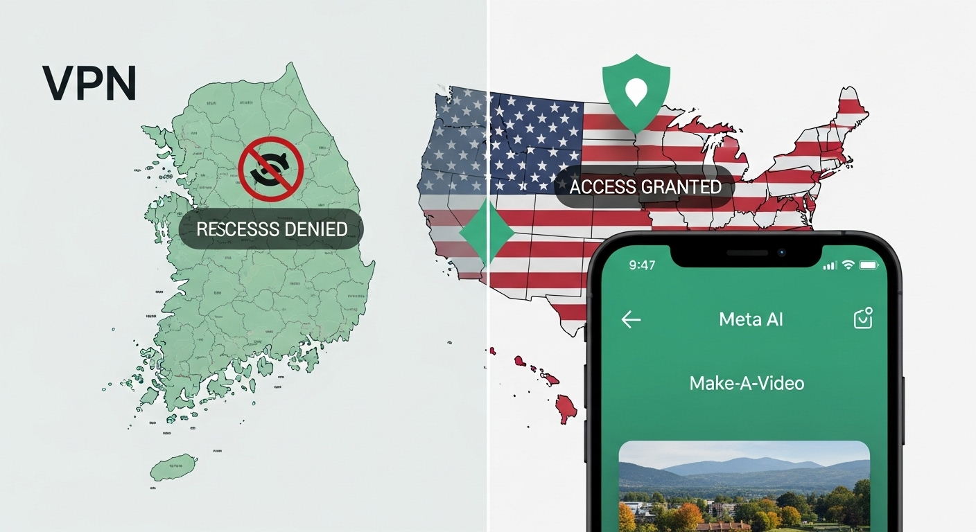 VPN을 사용하여 Meta AI에 접속하는 과정을 보여주는 이미지. 한국에서 접속 제한된 화면과 미국 VPN 연결 후 Meta AI에 성공적으로 접속한 화면이 대비되며, 국경을 넘어 AI 영상 도구를 활용하는 모습을 시각적으로 설명합니다.