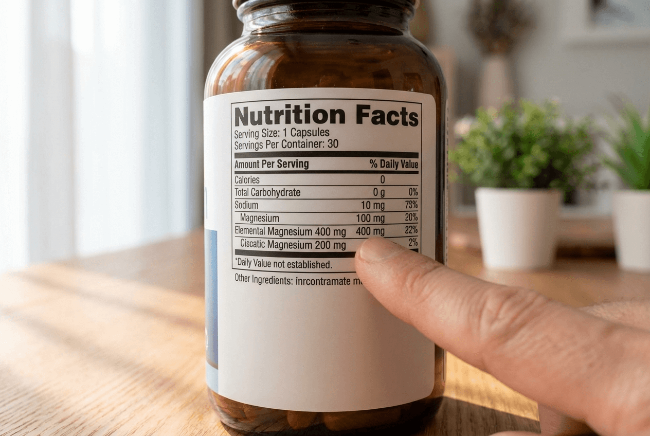 마그네슘 제품 라벨에서 원소 마그네슘 함량을 확인하는 손가락