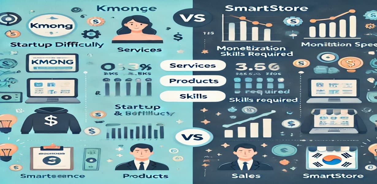 크몽 vs 스마트스토어 비교 인포그래픽 – 초기 진입 장벽, 수익화 속도, 필요 역량, 확장성 등 주요 요소를 시각적으로 비교한 이미지