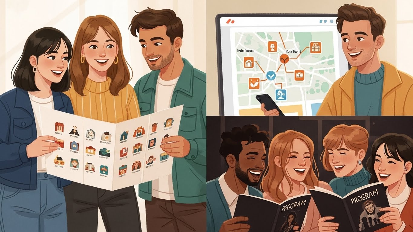 친구들과 함께 문화생활 계획을 세우고 즐거워하는 청년들의 모습. 문화예술패스를 활용해 함께 추억을 만드는 즐거움을 표현한 이미지.