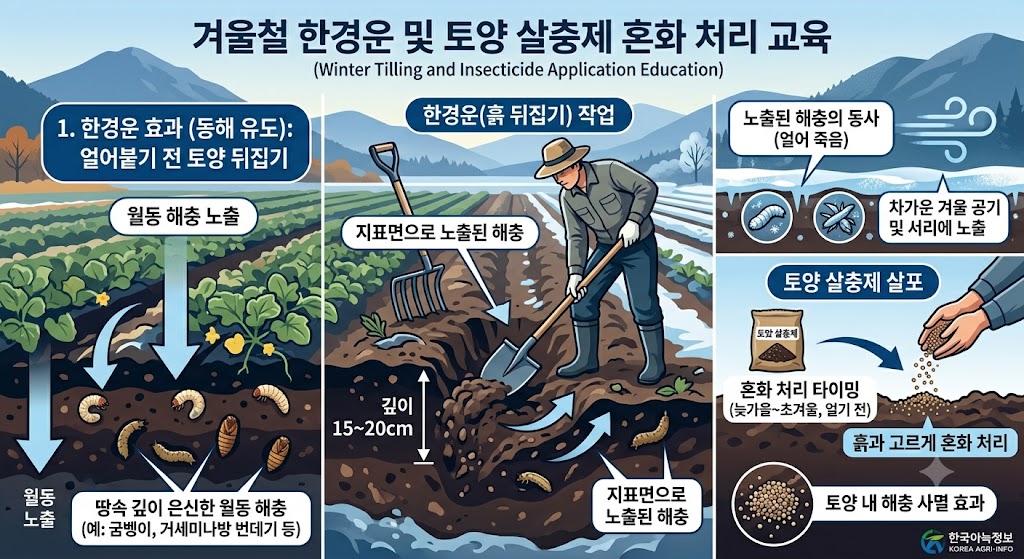 겨울철 얼어붙기 전 토양을 뒤집어 땅속 월동 해충을 지표면으로 노출시켜 얼려 죽이는 원리와 적절한 토양 살충제 혼화 처리 타이밍을 보여주는 교육용 인포그래픽