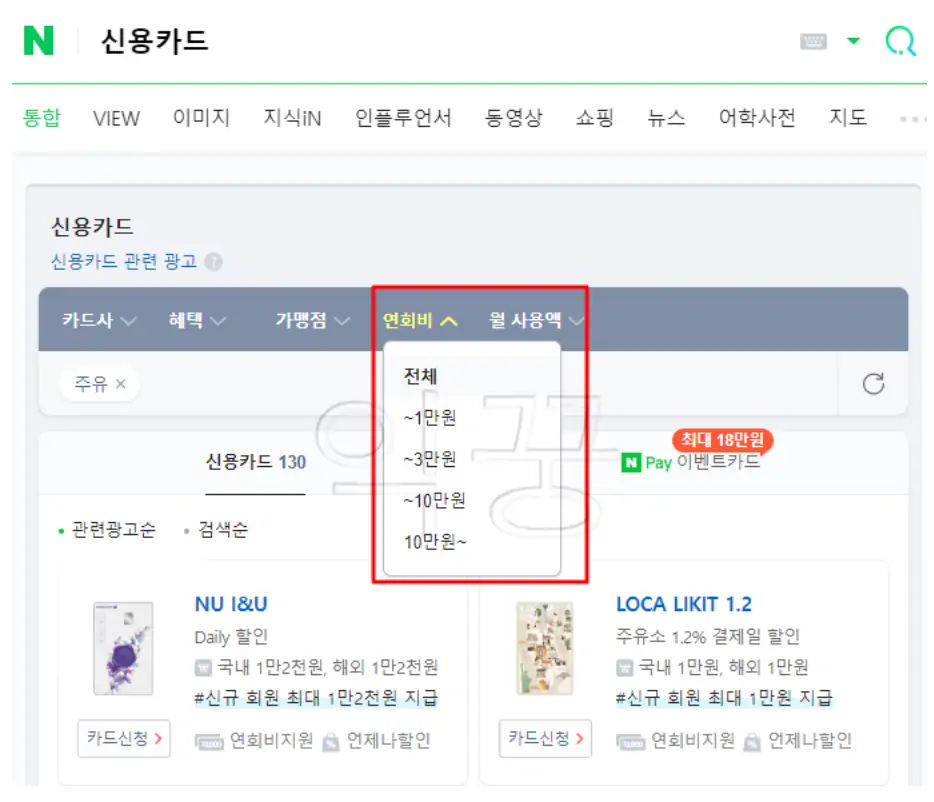 신용카드 연회비 선택하는 사진