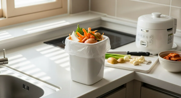 부엌 휴지통에 채소 껍질이 수북이 쌓여 있는 모습