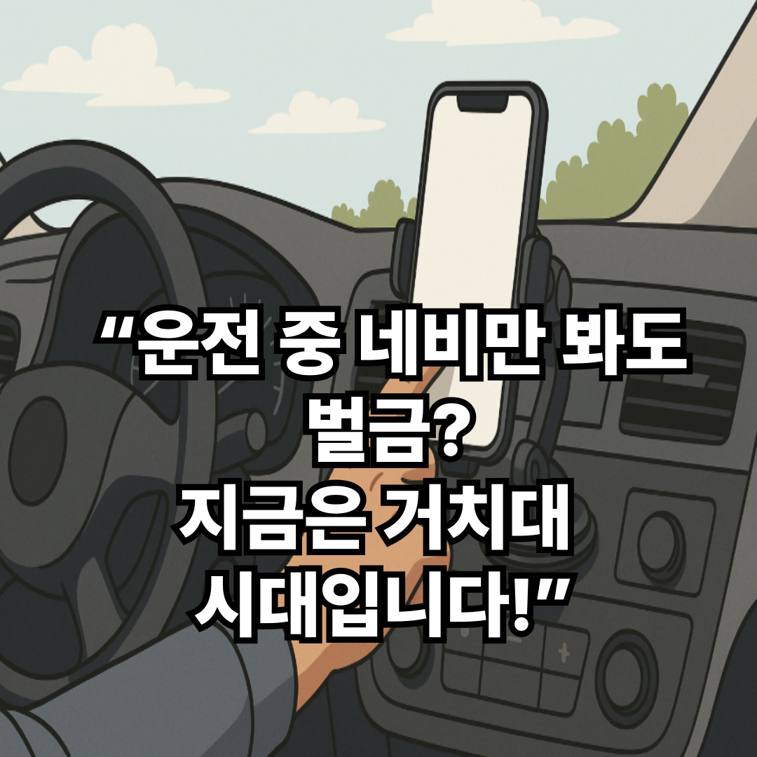 운전 중 여성 운전자가 내비게이션을 보기 위해 핸드폰을 손에 들고 있는 장면 이미지