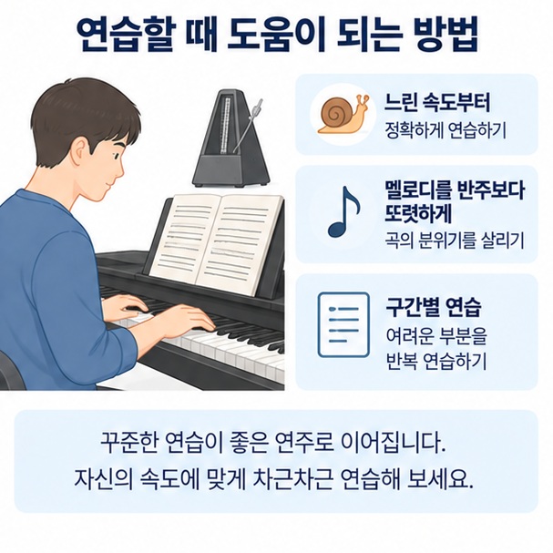 느린 속도에서 박자와 멜로디를 연습하고 반주 음량을 조절하는 연주 팁을 보여주는 이미지