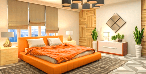 침실로 주황색 킹침대가 있고 주황색 이불과 하얀색 베개 2개가 있다. 왼쪽엔 하얀 선반과 식물들이 4개 있다.